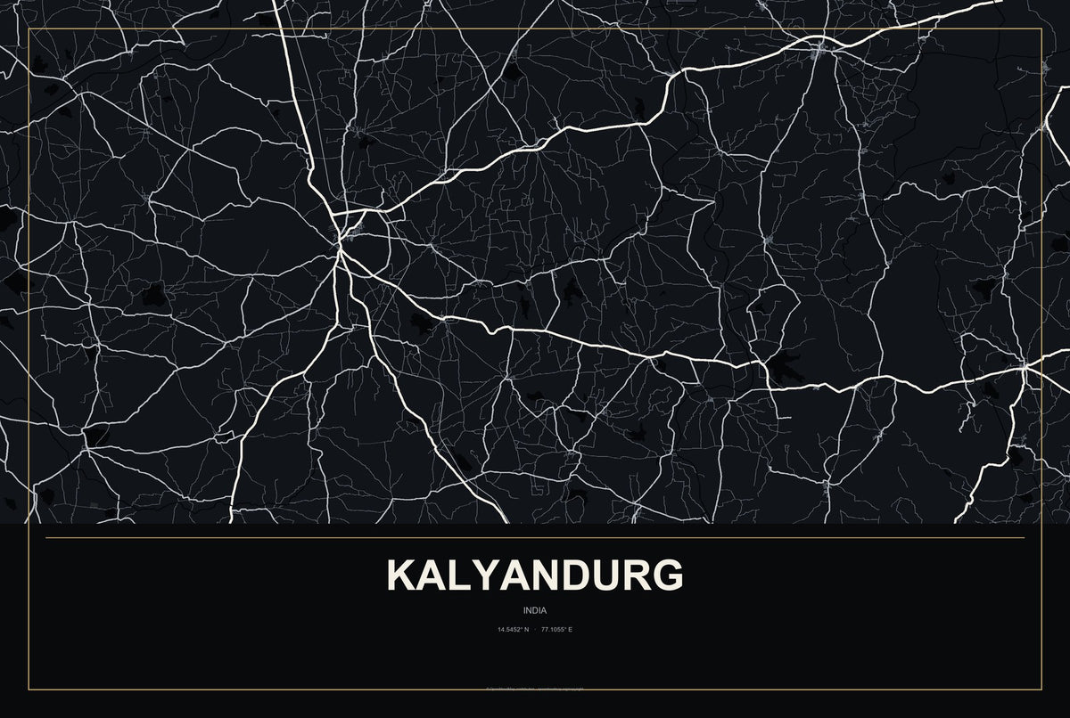 Kalyandurg, India City Map Aluminum Sign in Metropolitan Noir style
