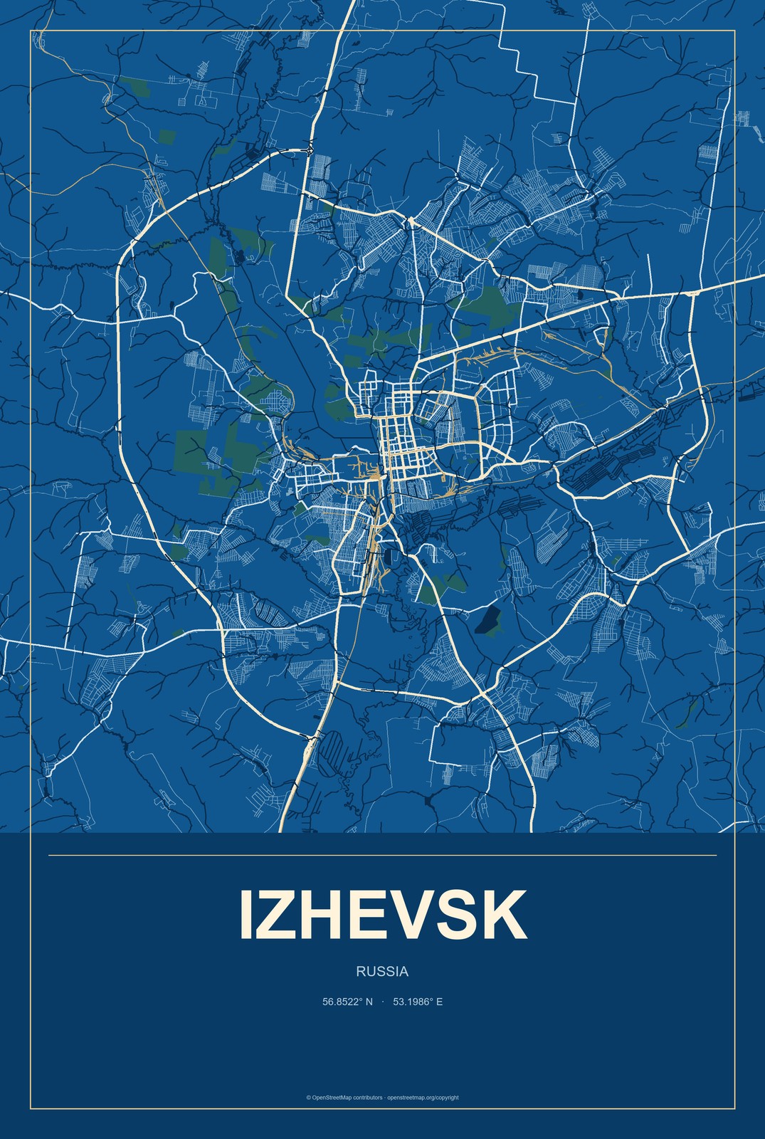 Izhevsk, Russia City Map Aluminum Sign in Harbor Cobalt style