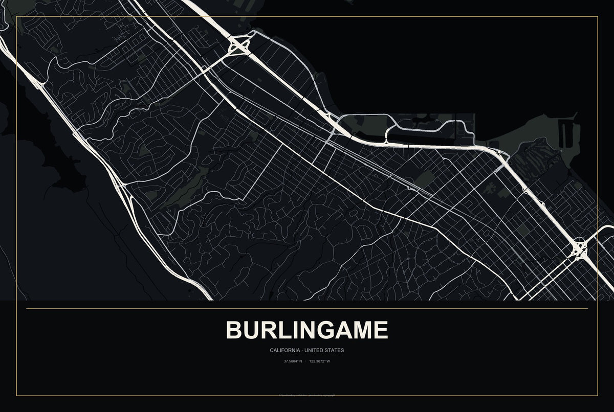 Burlingame, California City Map Aluminum Sign in Metropolitan Noir style