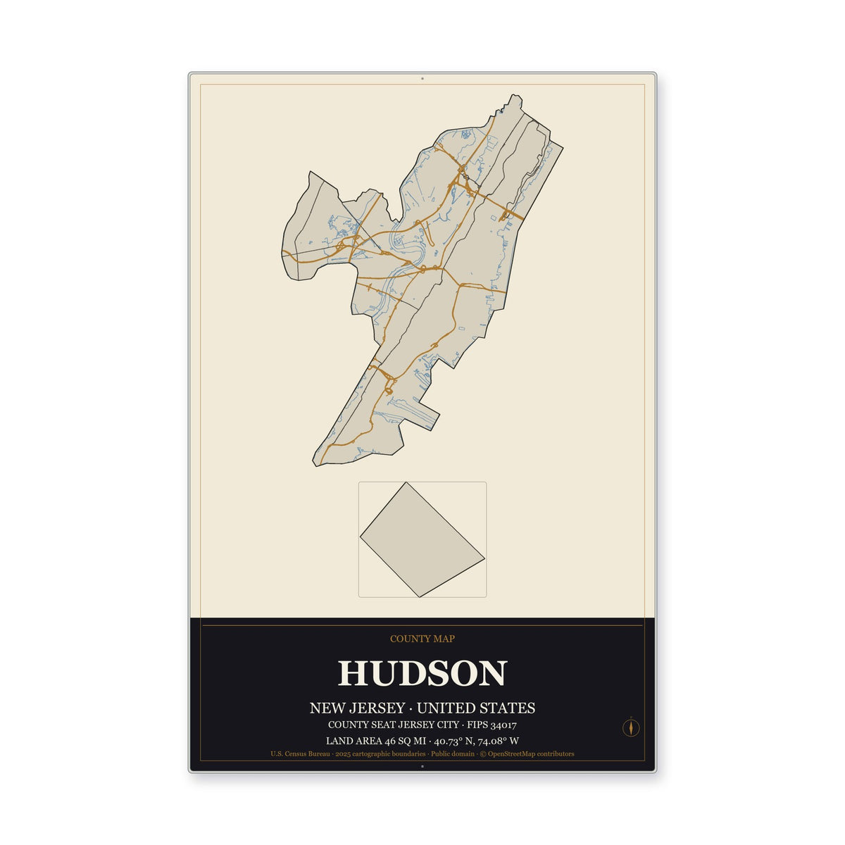 Hudson County, New Jersey Map Aluminum Sign in Museum Plaque style