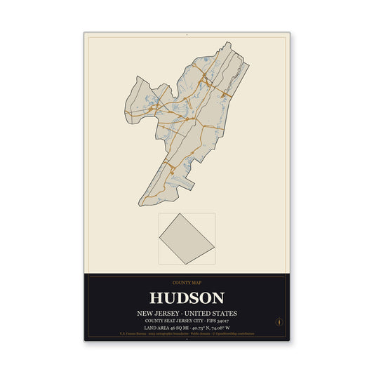 Hudson County, New Jersey Map Aluminum Sign in Museum Plaque style
