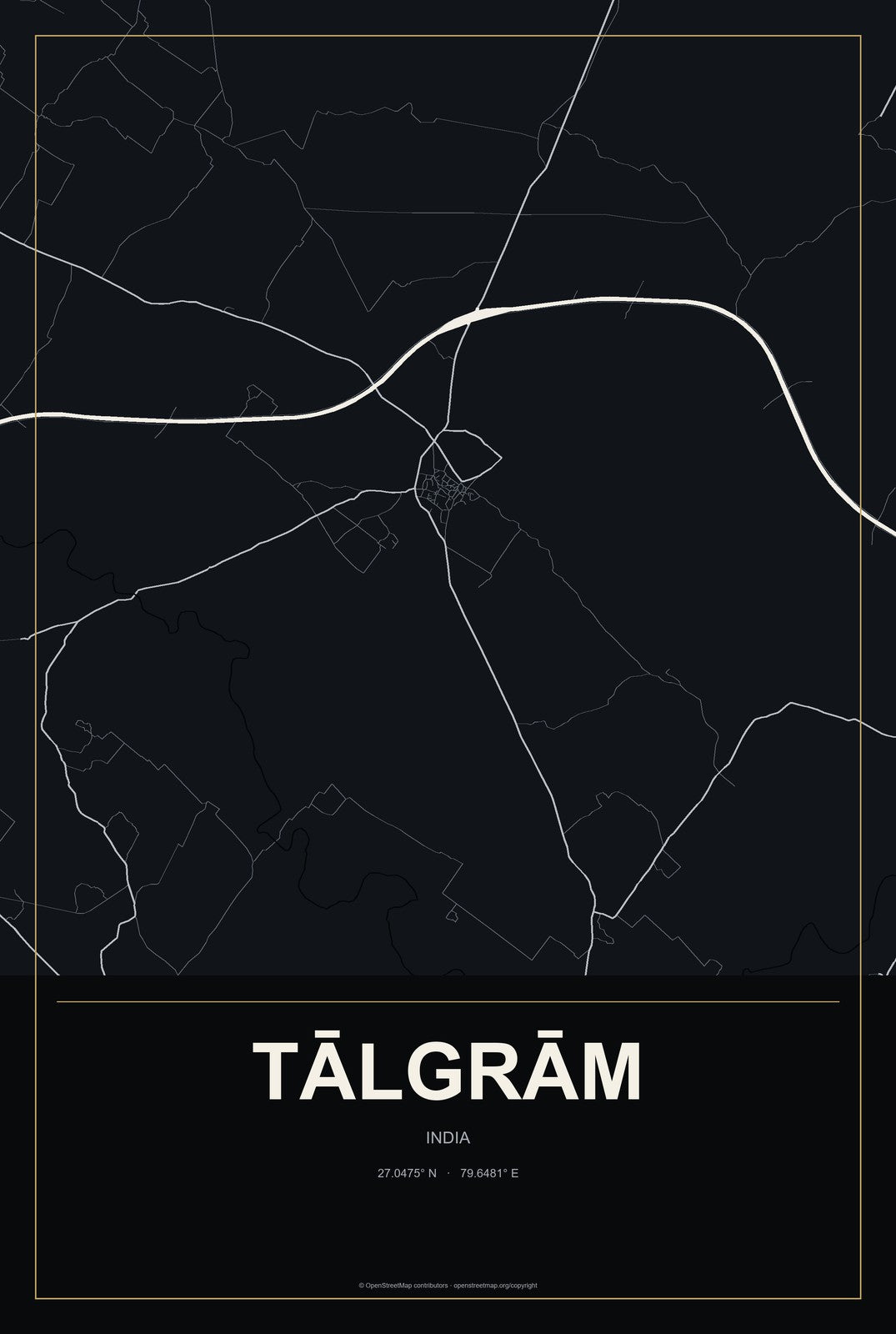Tālgrām, India City Map Aluminum Sign in Metropolitan Noir style