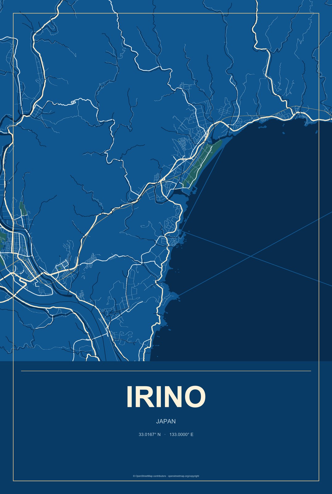 Irino, Japan City Map Aluminum Sign in Harbor Cobalt style
