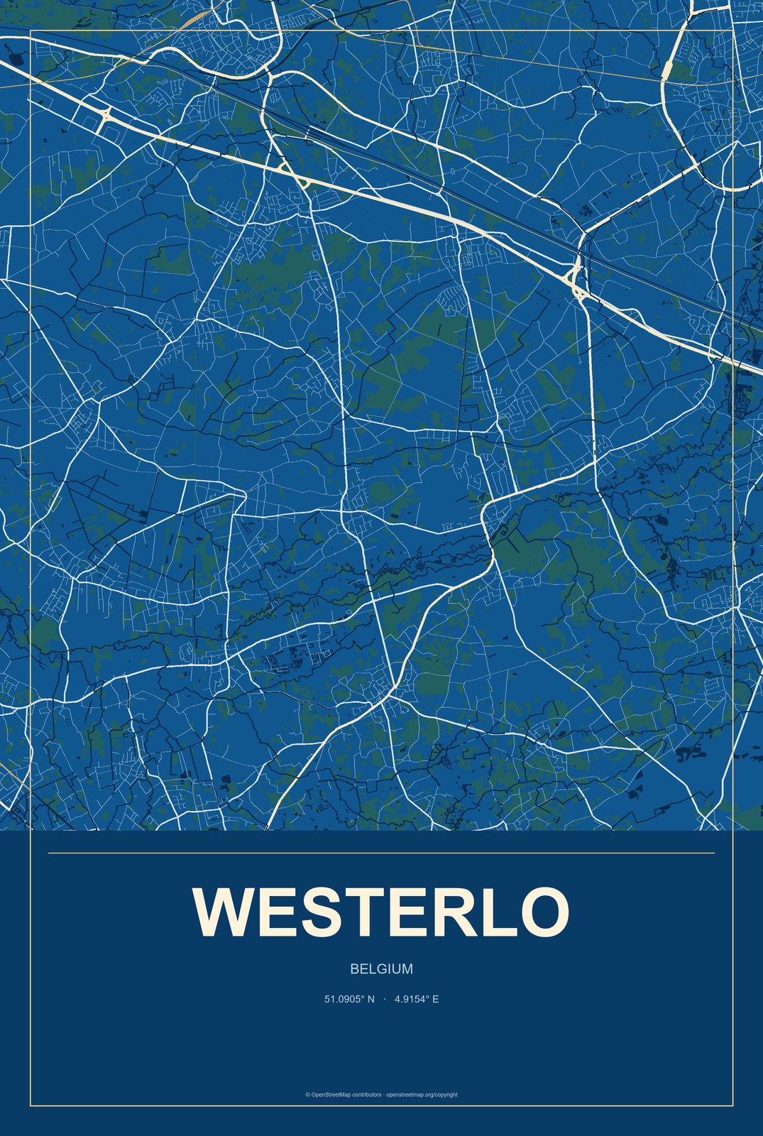 Westerlo, Belgium City Map Aluminum Sign in Harbor Cobalt style