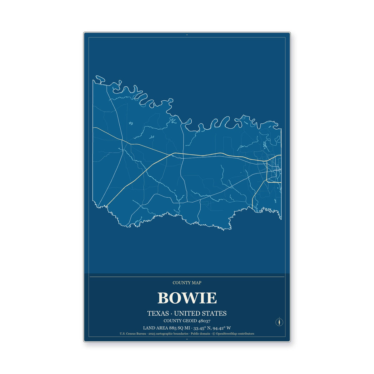 Bowie County, Texas Map Aluminum Sign in Harbor Cobalt style