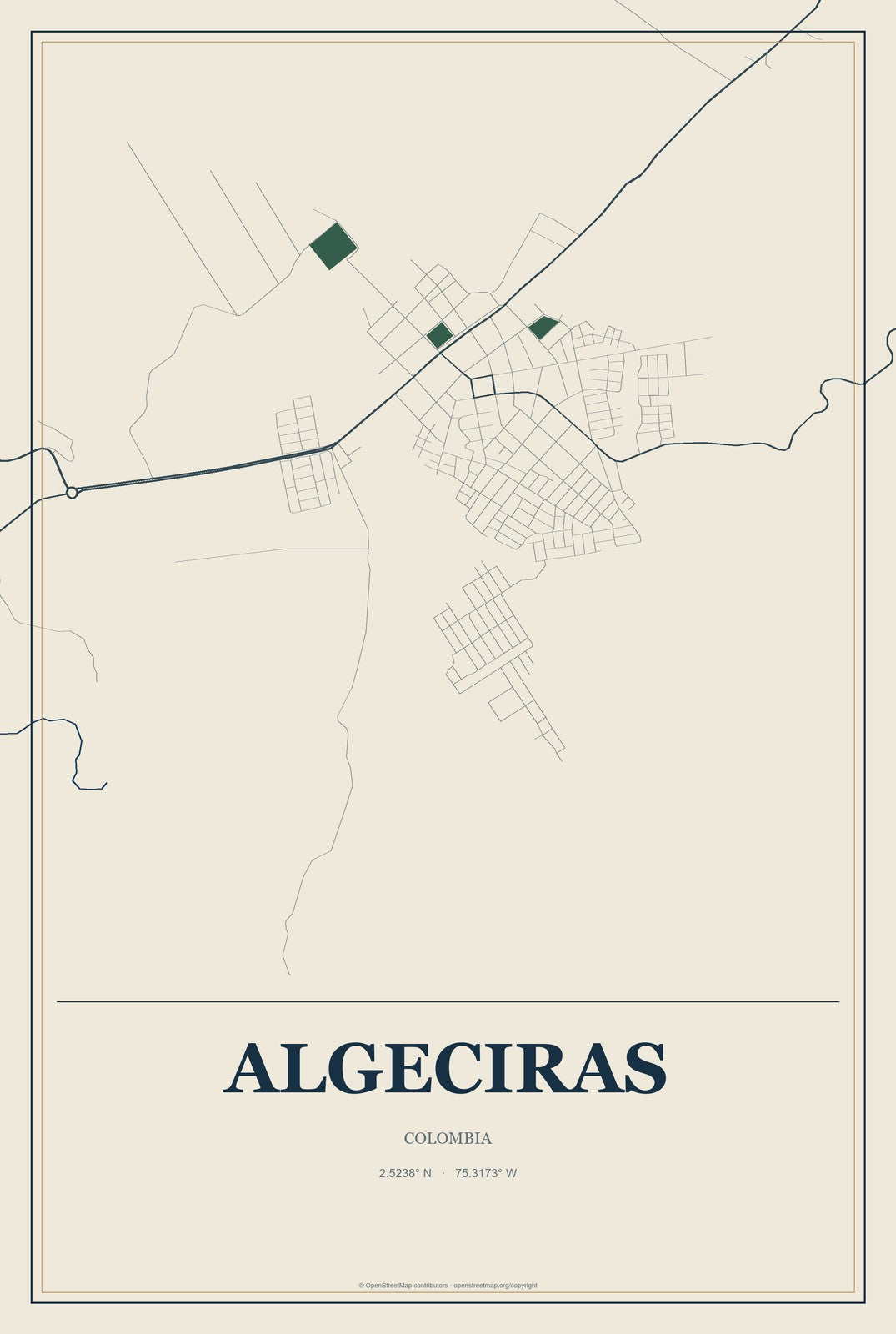 Algeciras, Colombia City Map Aluminum Sign in Coastal Cutout style