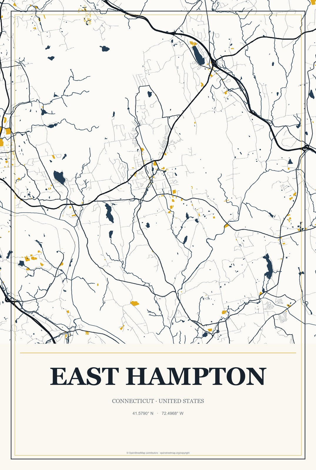 East Hampton, Connecticut City Map Aluminum Sign in Citrine Modern style