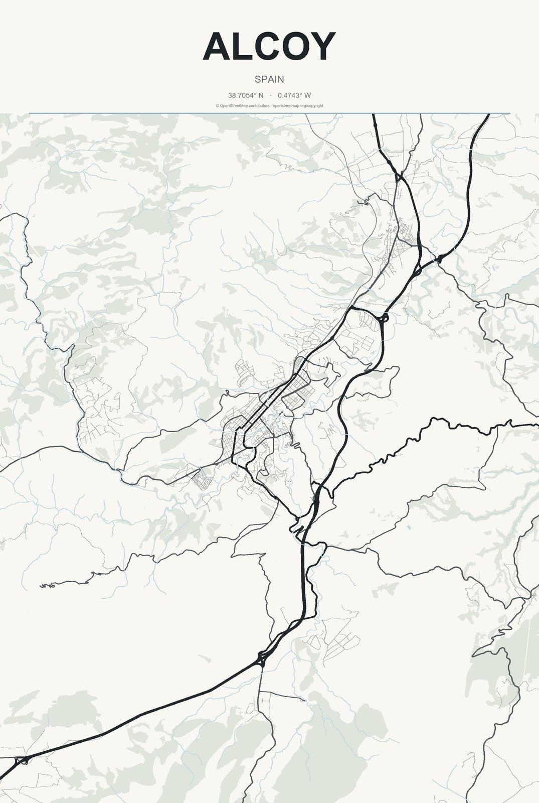 Alcoy, Spain City Map Aluminum Sign in Headline Atlas style