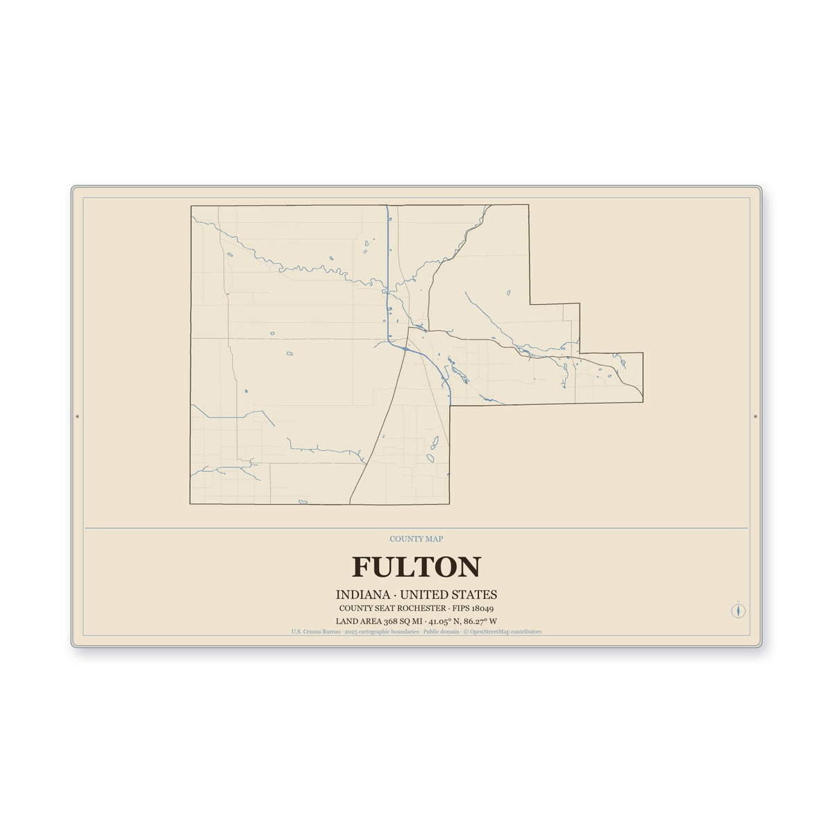 Fulton County, Indiana Map Aluminum Sign in Heritage Nautical style