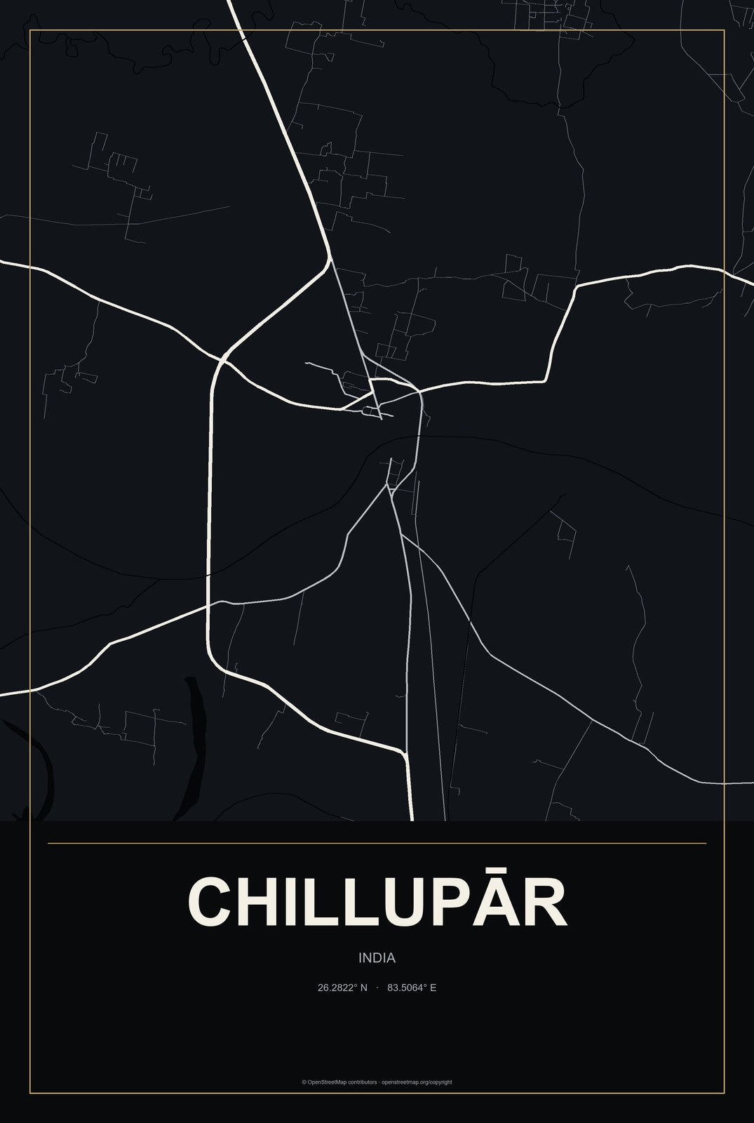 Chillupār, India City Map Aluminum Sign in Metropolitan Noir style