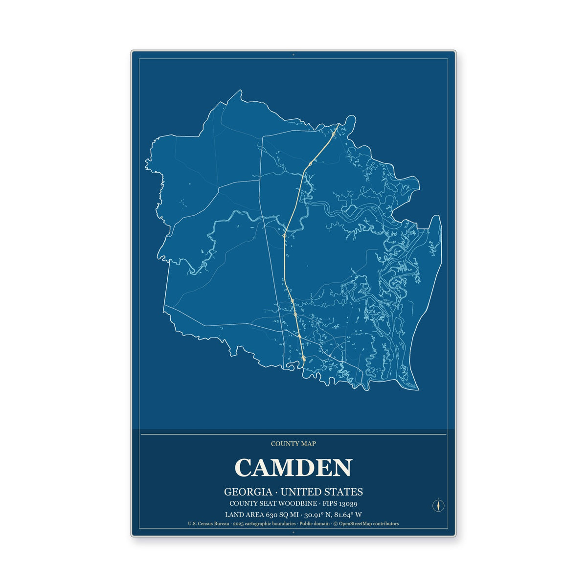 Camden County, Georgia Map Aluminum Sign in Harbor Cobalt style