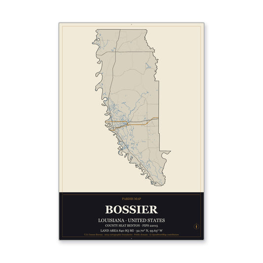 Bossier Parish, Louisiana Map Aluminum Sign in Museum Plaque style