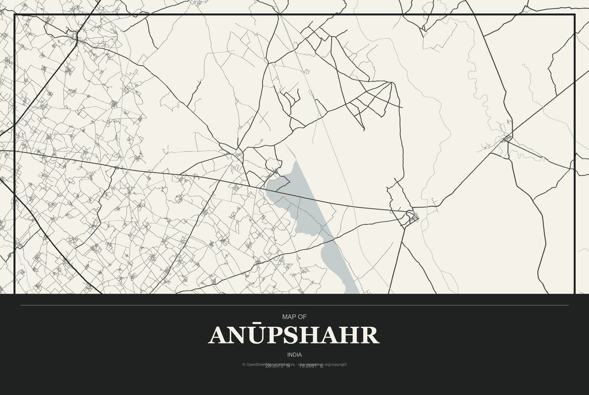 Anūpshahr, India City Map Aluminum Sign in Museum Plaque style