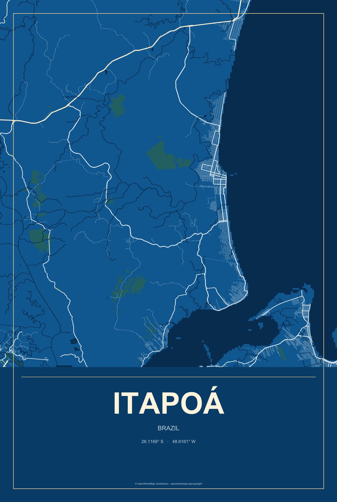 Itapoá, Brazil City Map Aluminum Sign in Harbor Cobalt style