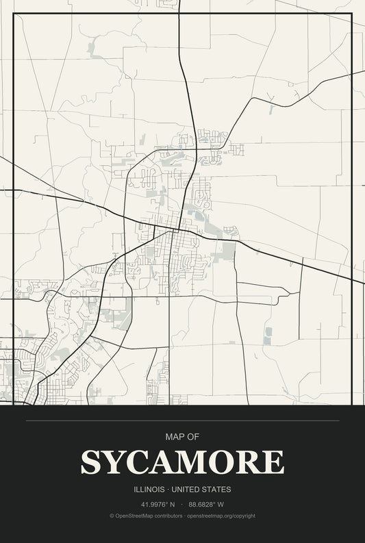 Sycamore, Illinois City Map Aluminum Sign in Museum Plaque style