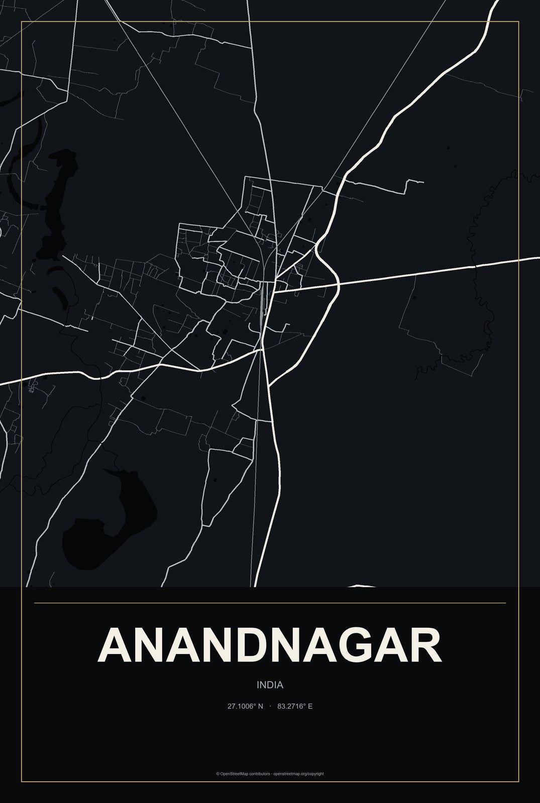 Anandnagar, India City Map Aluminum Sign in Metropolitan Noir style