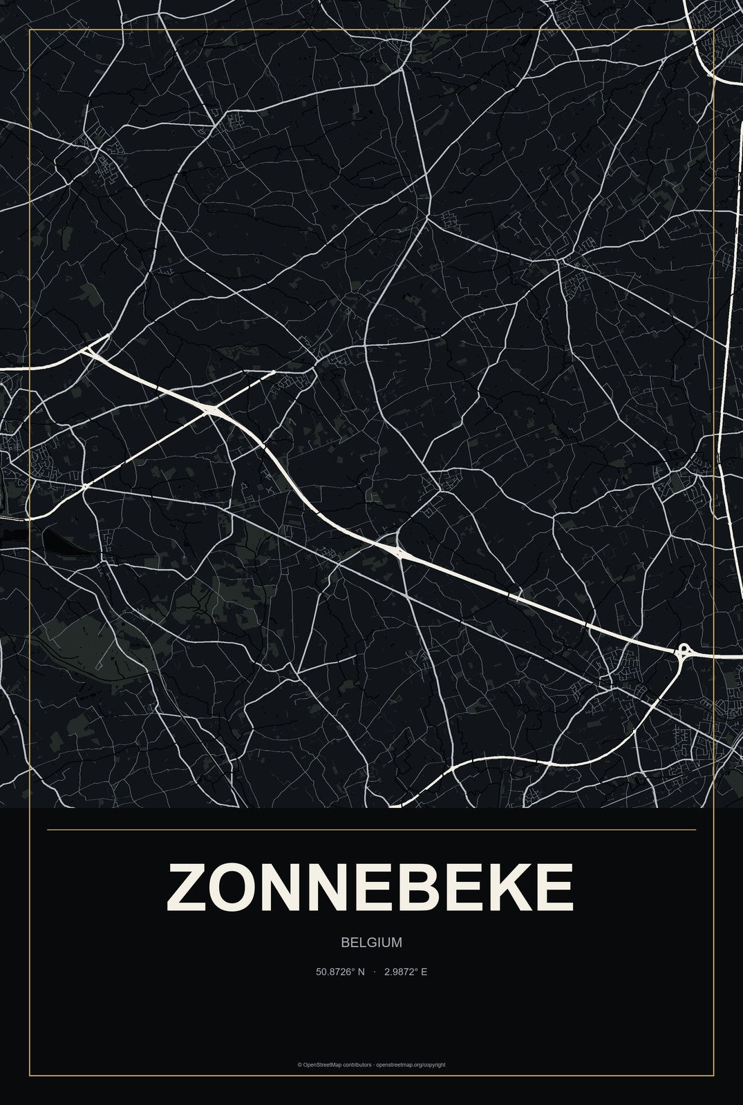 Zonnebeke, Belgium City Map Aluminum Sign in Metropolitan Noir style