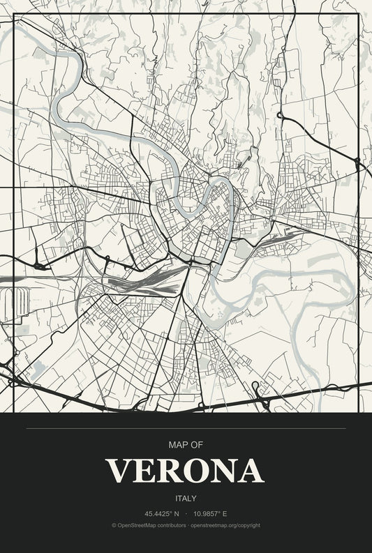 Verona, Italy City Map Aluminum Sign in Museum Plaque style