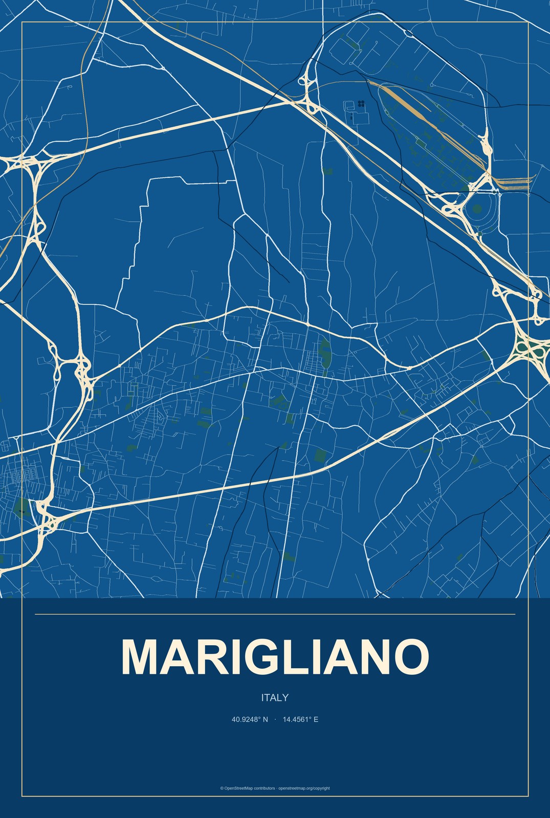 Marigliano, Italy City Map Aluminum Sign in Harbor Cobalt style