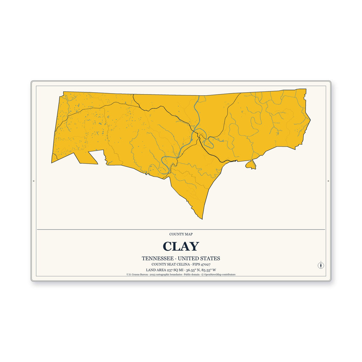 Clay County, Tennessee Map Aluminum Sign in Citrine Modern style