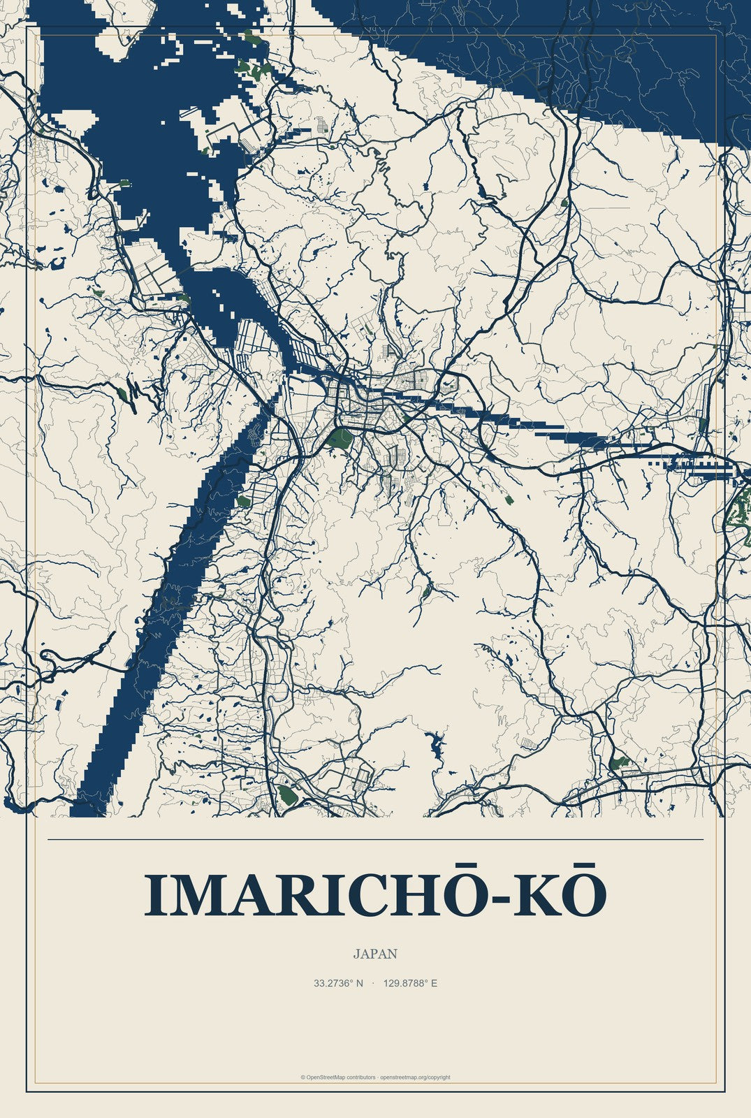 Imarichō-kō, Japan City Map Aluminum Sign in Coastal Cutout style