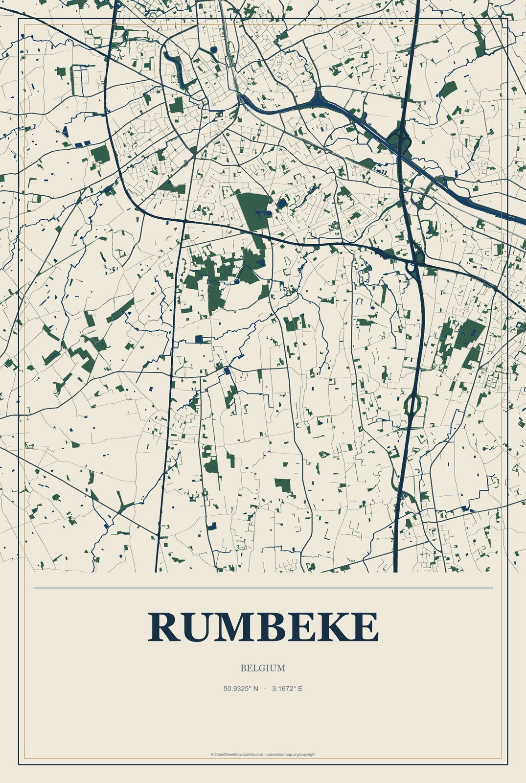 Rumbeke, Belgium City Map Aluminum Sign in Coastal Cutout style