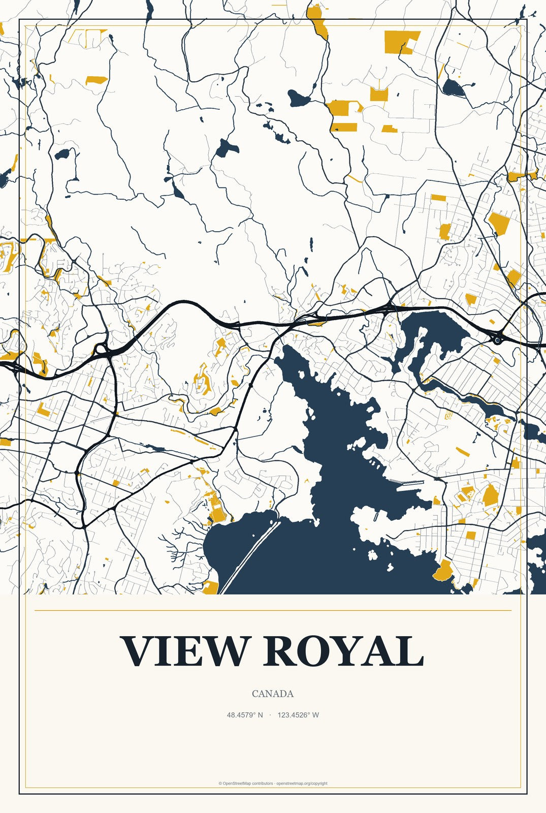 View Royal, Canada City Map Aluminum Sign in Citrine Modern style