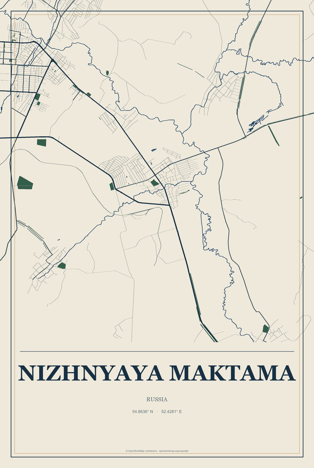 Nizhnyaya Maktama, Russia City Map Aluminum Sign in Coastal Cutout style