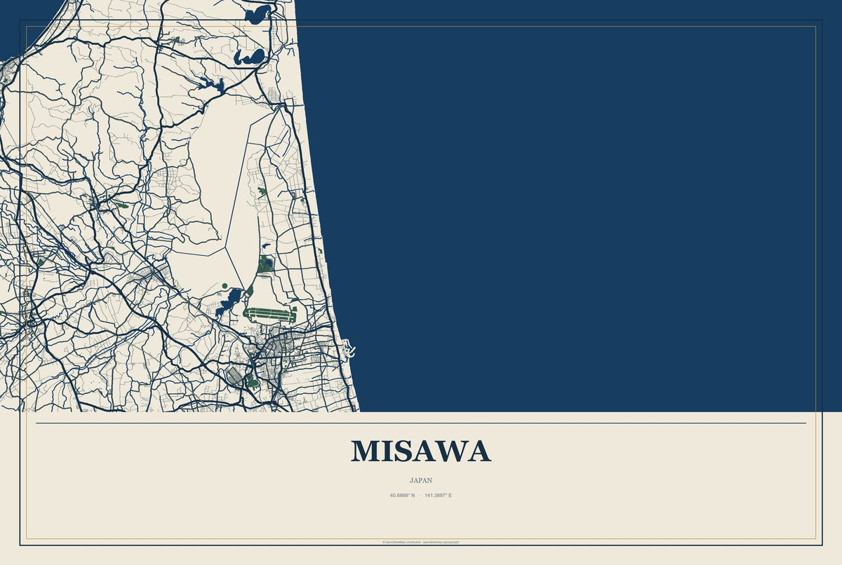 Misawa, Japan City Map Aluminum Sign in Coastal Cutout style