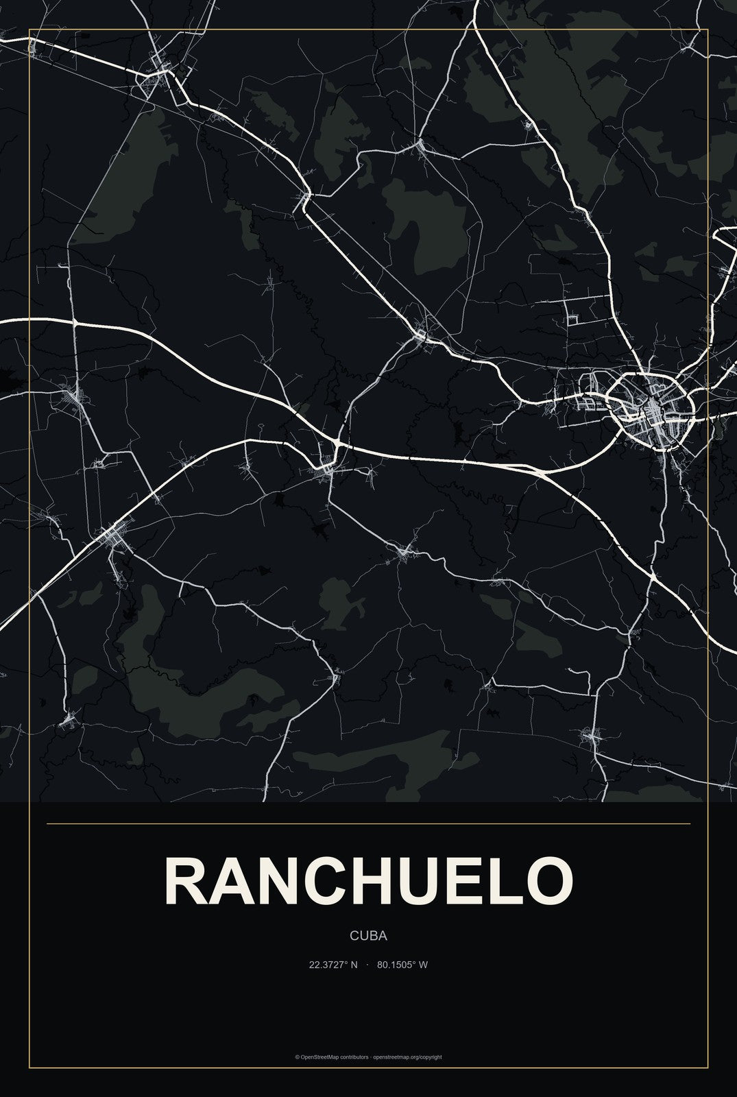 Ranchuelo, Cuba City Map Aluminum Sign in Metropolitan Noir style