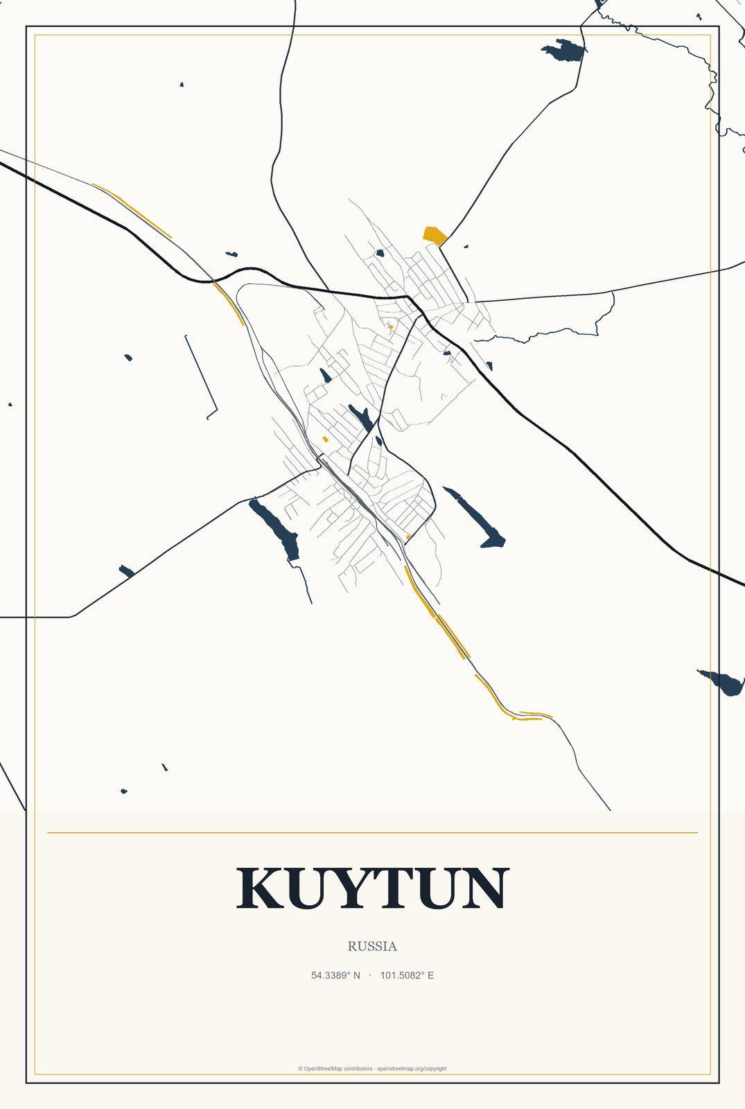 Kuytun, Russia City Map Aluminum Sign in Citrine Modern style