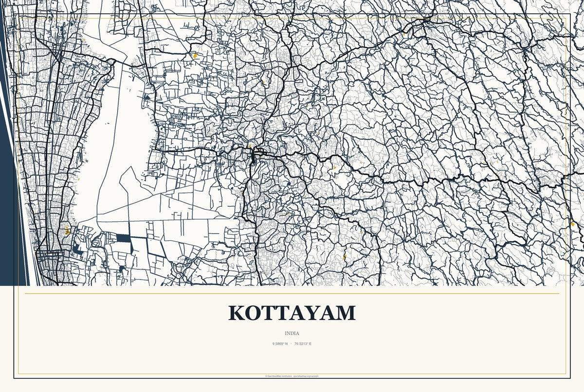 Kottayam, India City Map Aluminum Sign in Citrine Modern style
