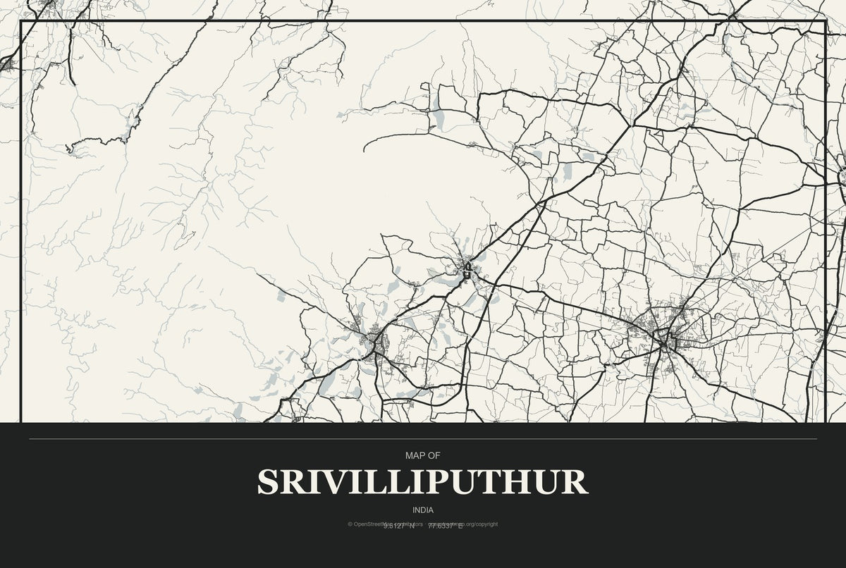 Srivilliputhur, India City Map Aluminum Sign in Museum Plaque style