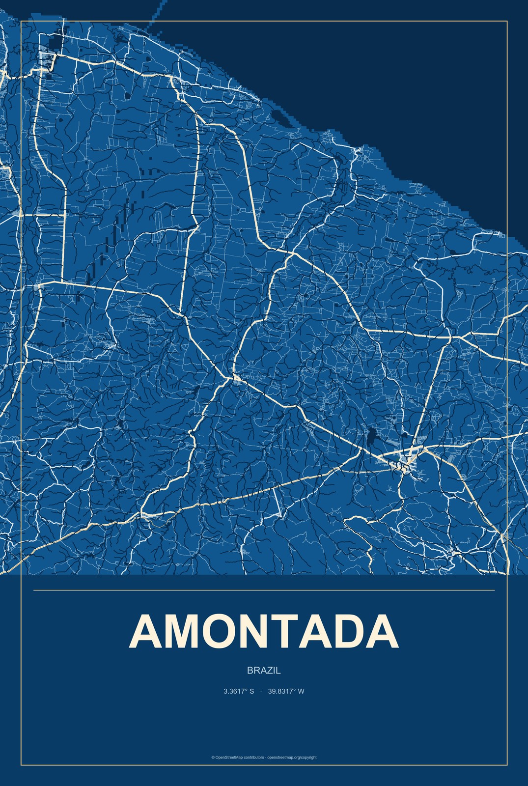 Amontada, Brazil City Map Aluminum Sign in Harbor Cobalt style
