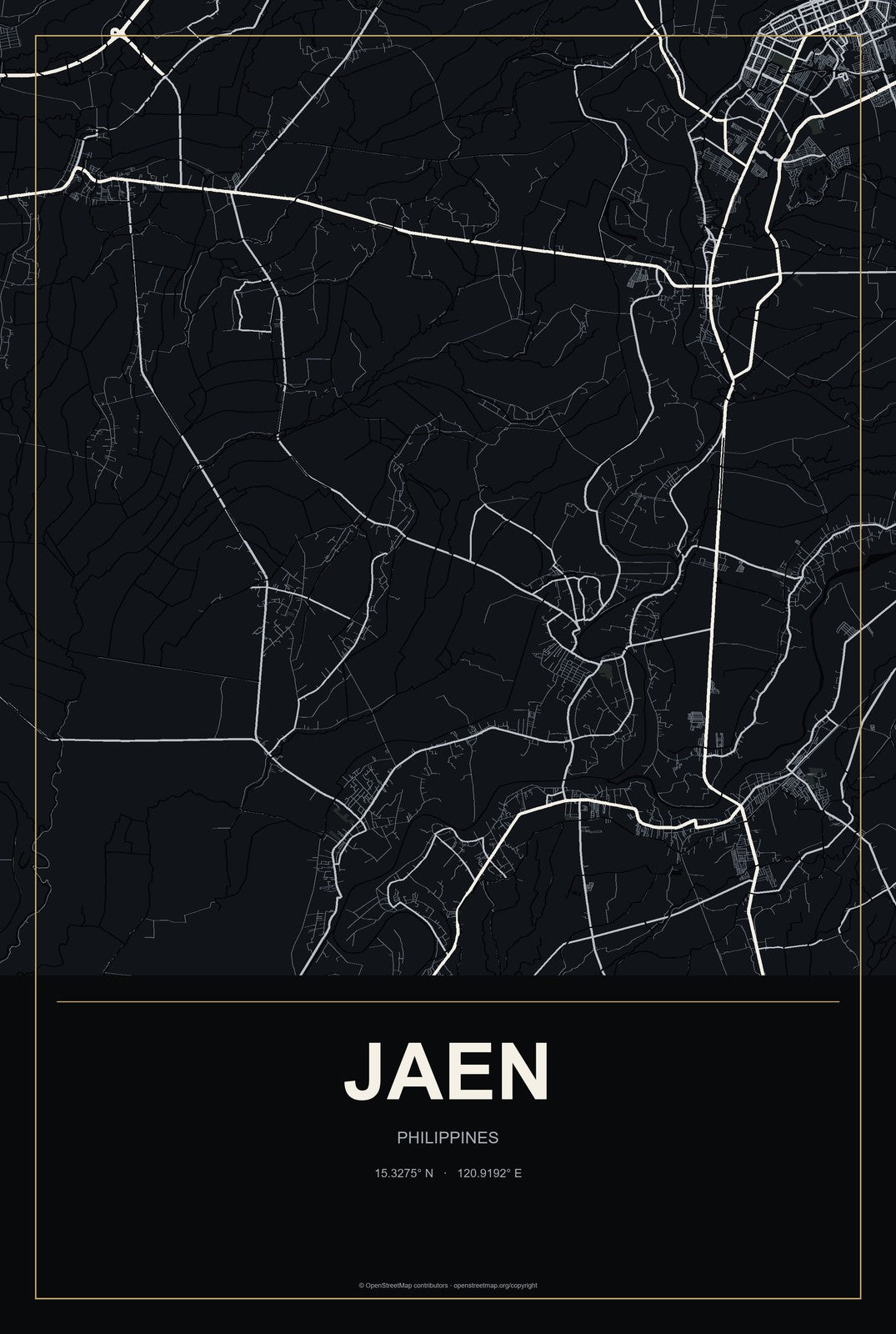 Jaen, Philippines City Map Aluminum Sign in Metropolitan Noir style