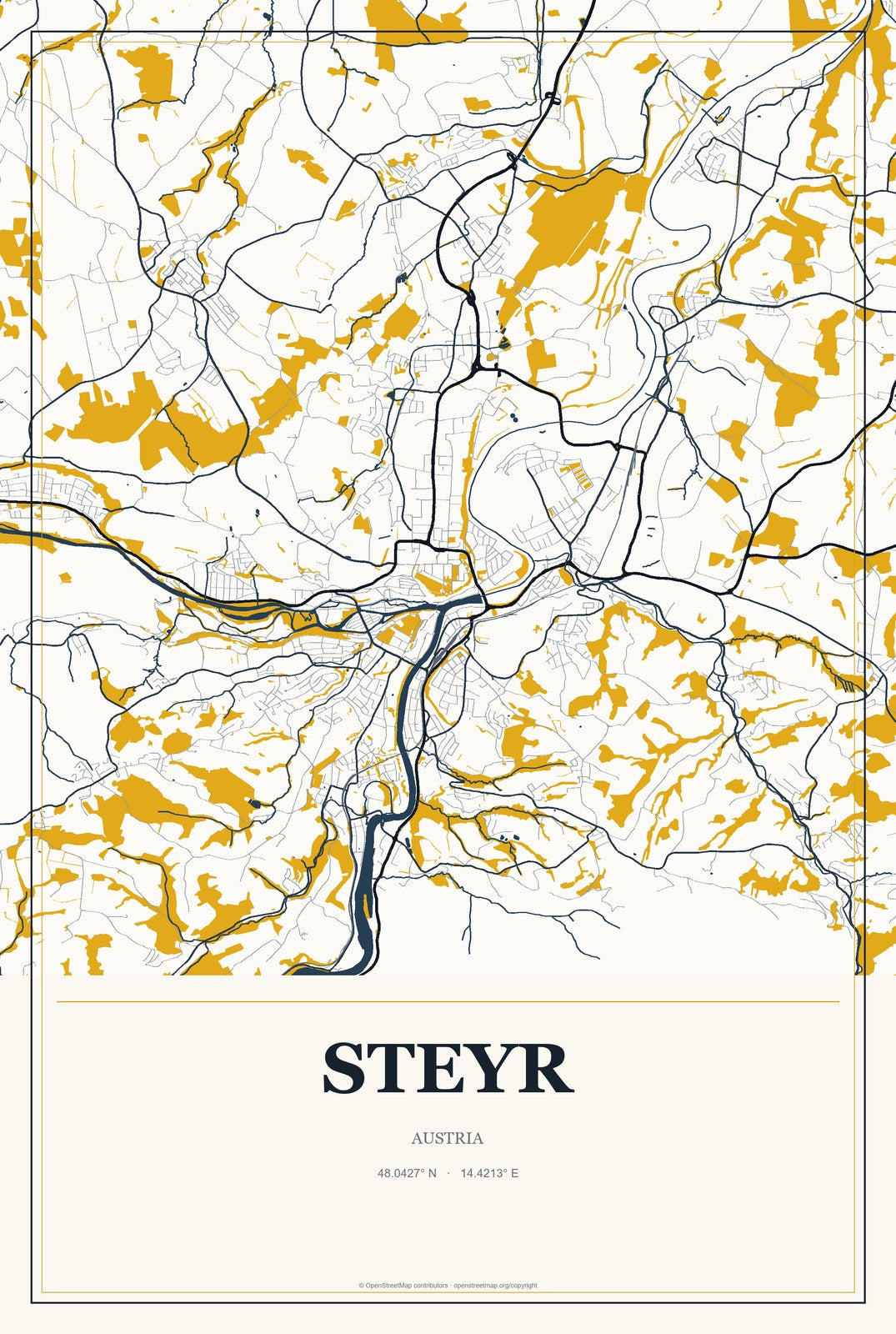 Steyr, Austria City Map Aluminum Sign in Citrine Modern style