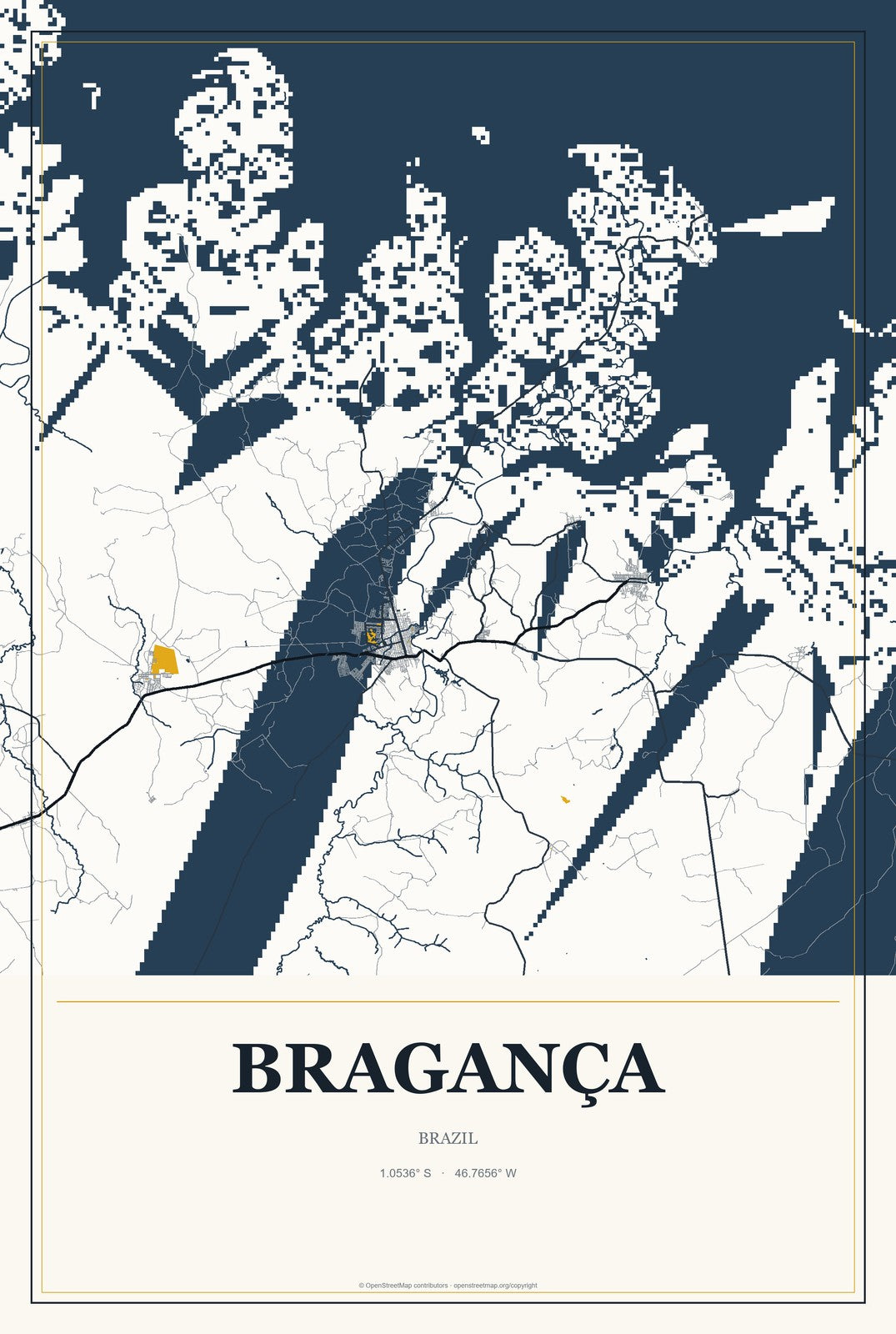Bragança, Brazil City Map Aluminum Sign in Citrine Modern style