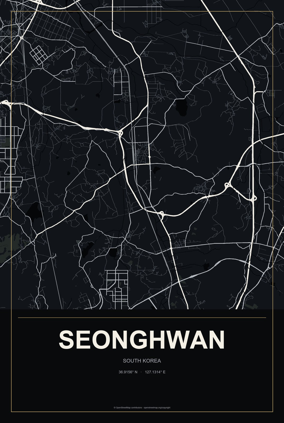 Seonghwan, South Korea City Map Aluminum Sign in Metropolitan Noir style