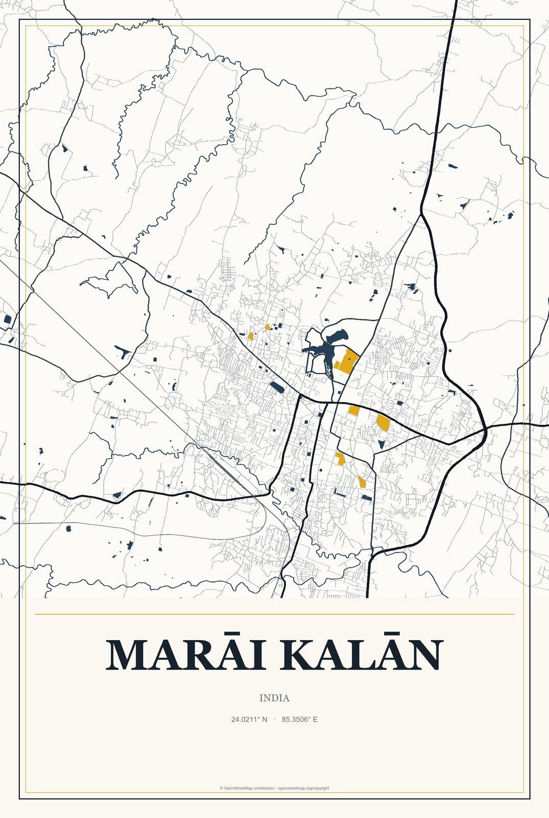 Marāi Kalān, India City Map Aluminum Sign in Citrine Modern style