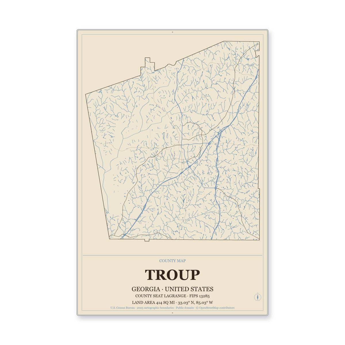 Troup County, Georgia Map Aluminum Sign in Heritage Nautical style