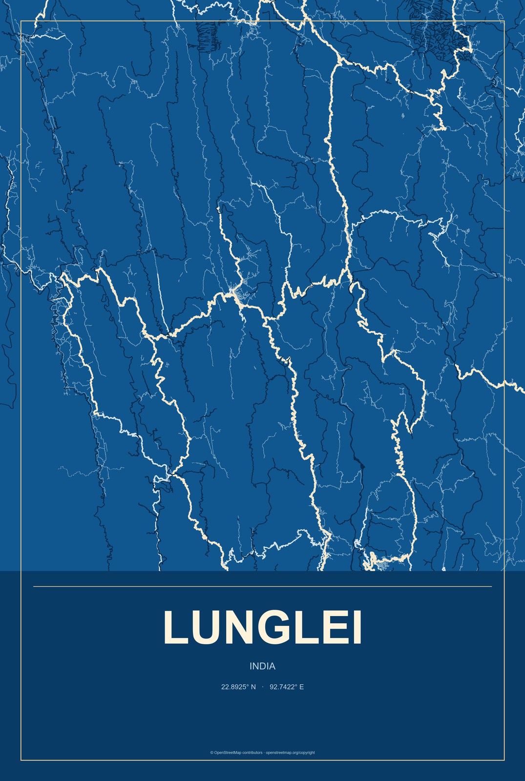 Lunglei, India City Map Aluminum Sign in Harbor Cobalt style
