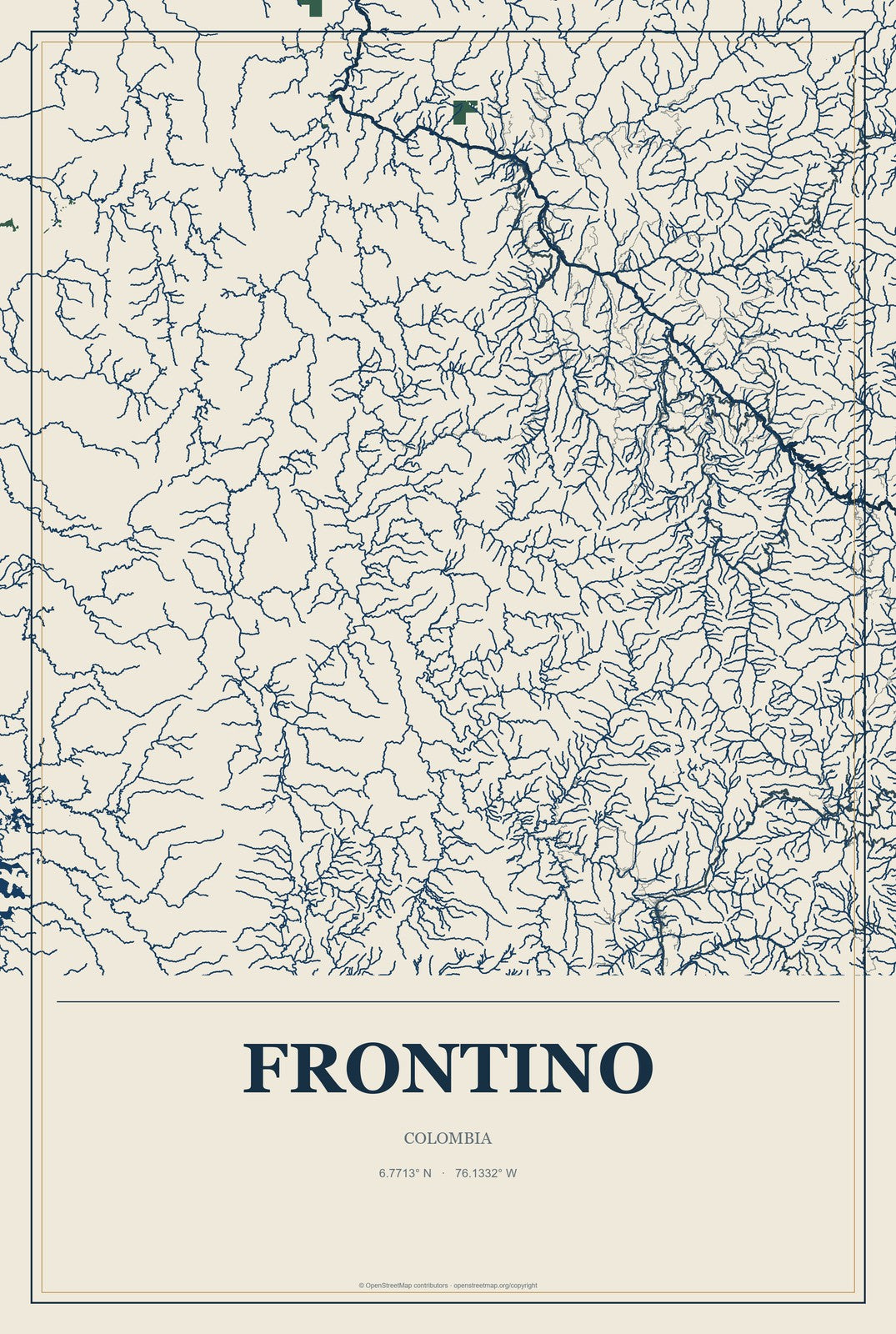 Frontino, Colombia City Map Aluminum Sign in Coastal Cutout style