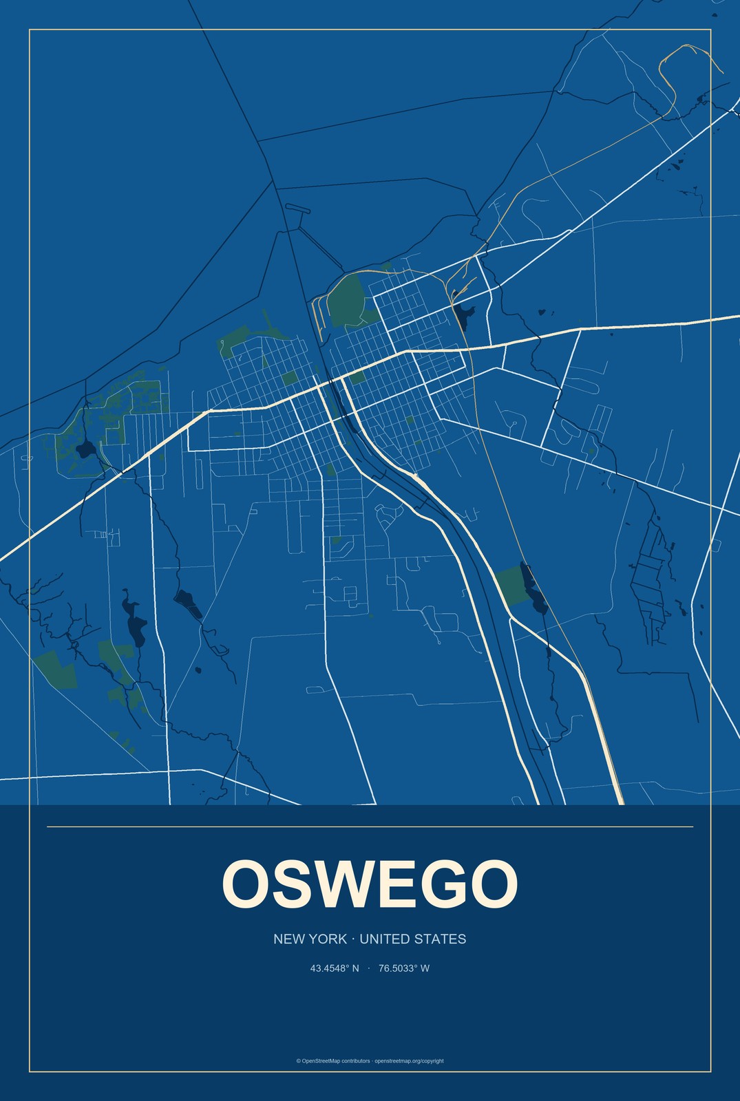 Oswego, New York City Map Aluminum Sign in Harbor Cobalt style