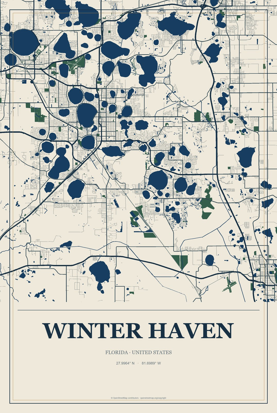 Winter Haven, Florida City Map Aluminum Sign in Coastal Cutout style