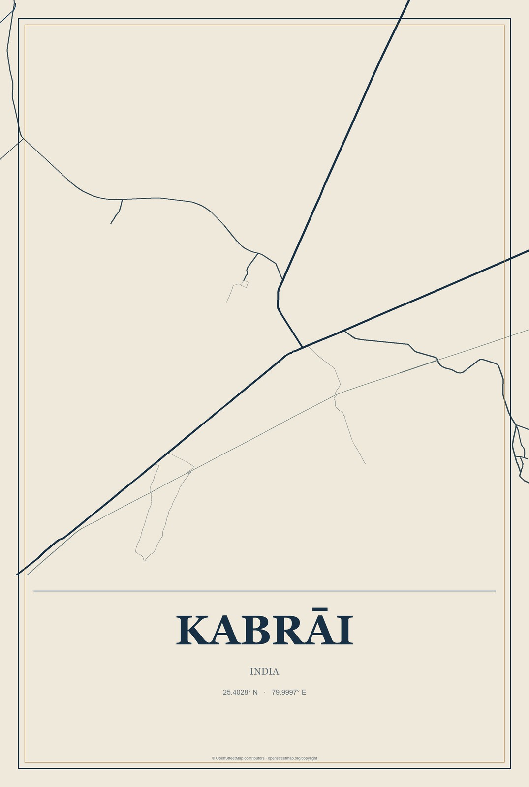 Kabrāi, India City Map Aluminum Sign in Coastal Cutout style
