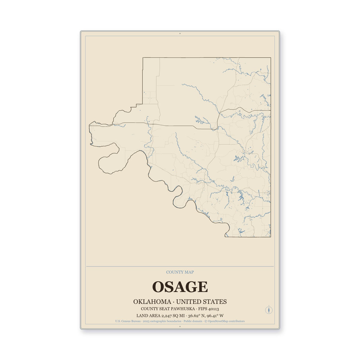 Osage County, Oklahoma Map Aluminum Sign in Heritage Nautical style