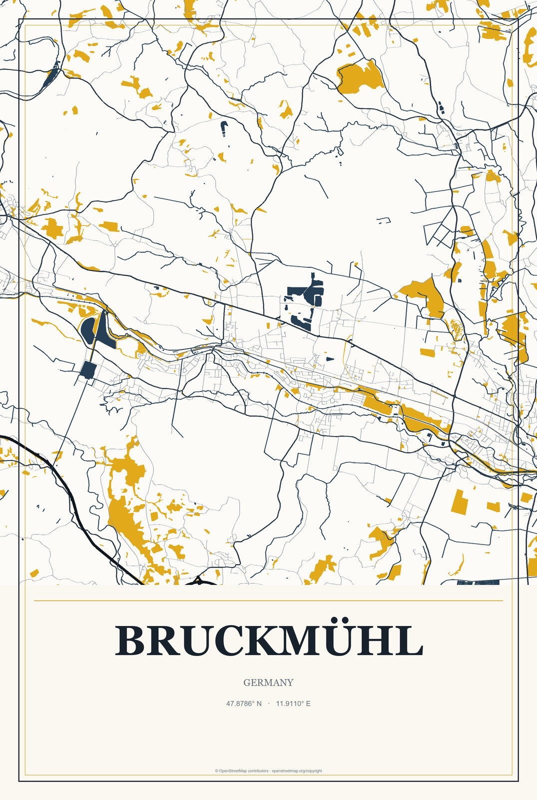 Bruckmühl, Germany City Map Aluminum Sign in Citrine Modern style