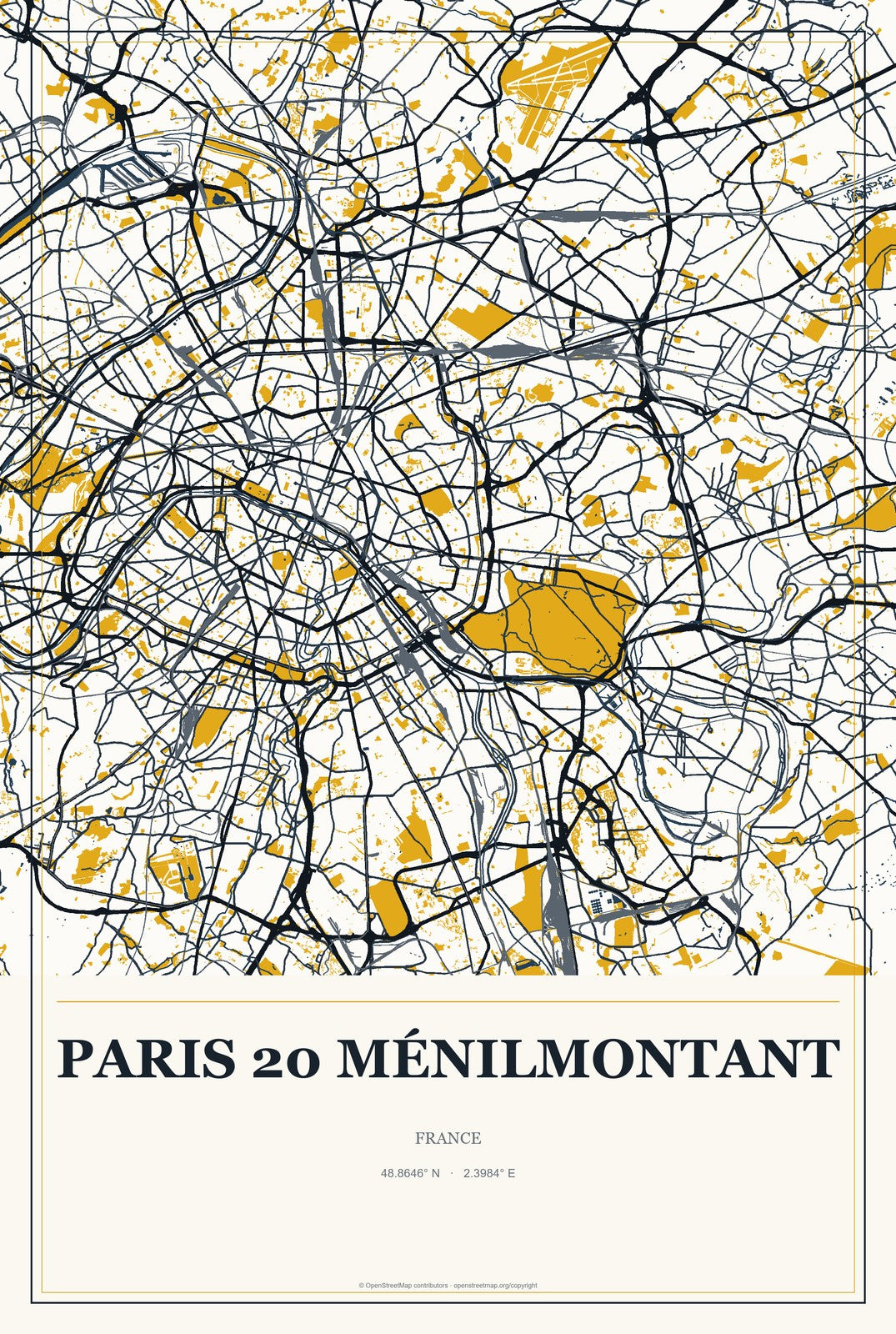 Paris 20 Ménilmontant, France City Map Aluminum Sign in Citrine Modern style