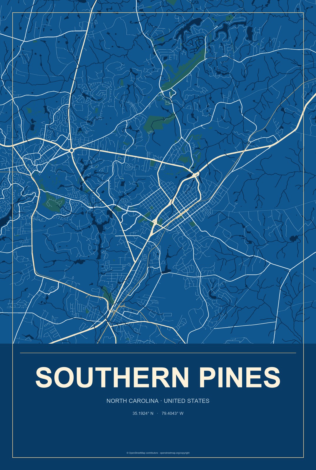 Southern Pines, North Carolina City Map Aluminum Sign in Harbor Cobalt style