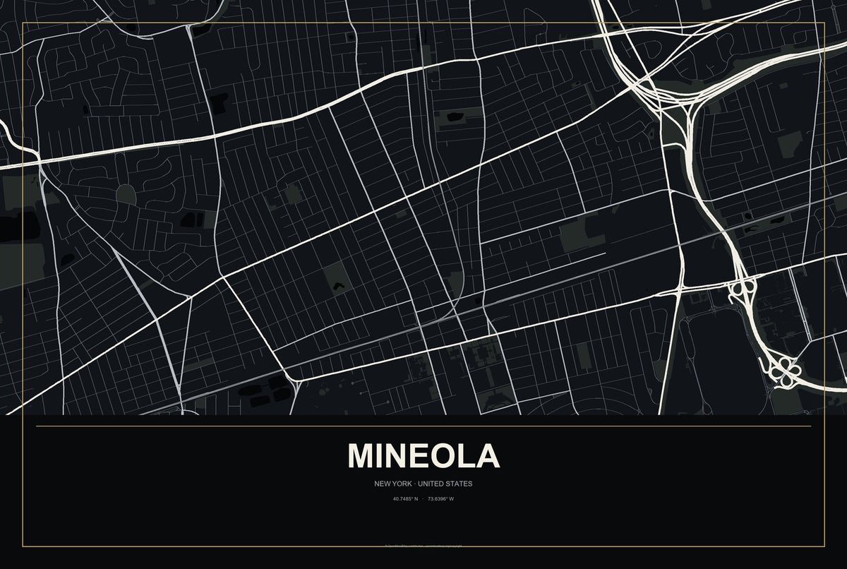 Mineola, New York City Map Aluminum Sign in Metropolitan Noir style